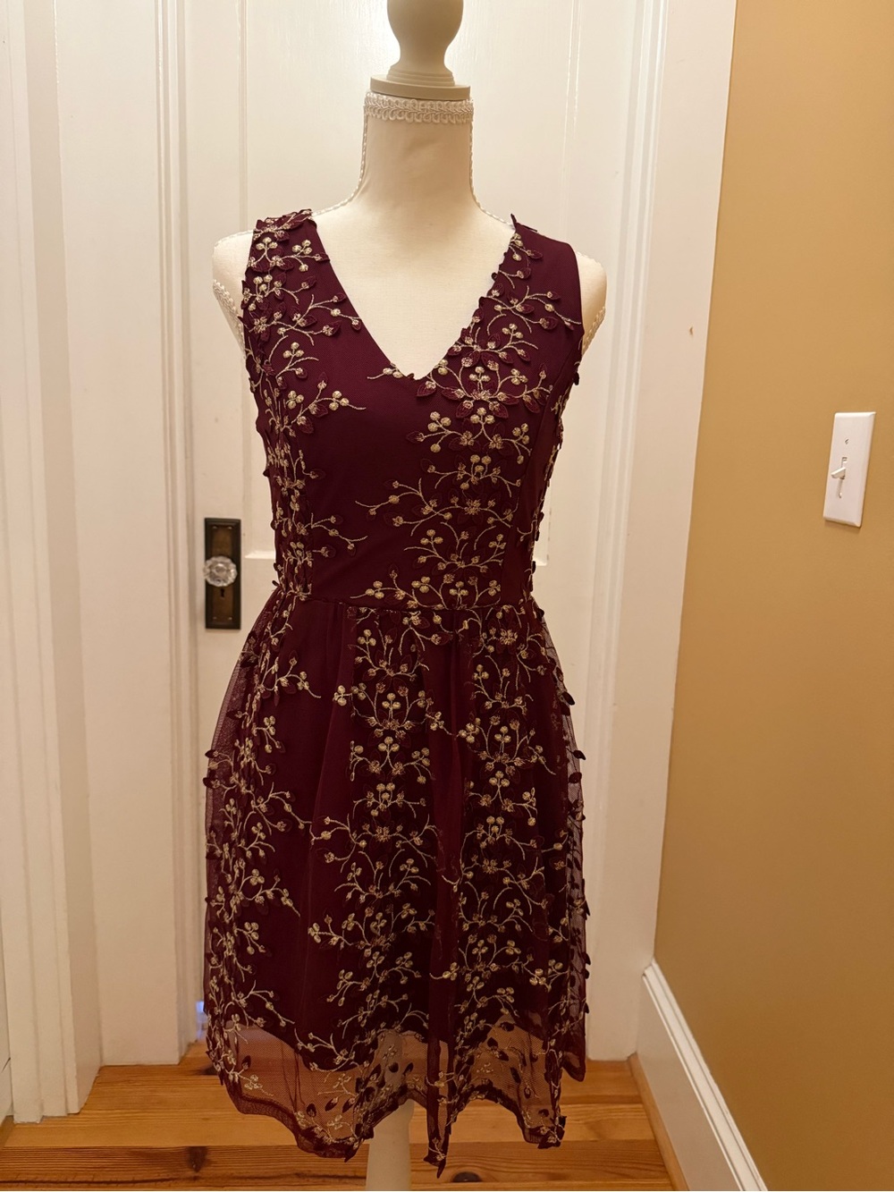 Altar’d State V-Neck Embroidered Burgundy Dress